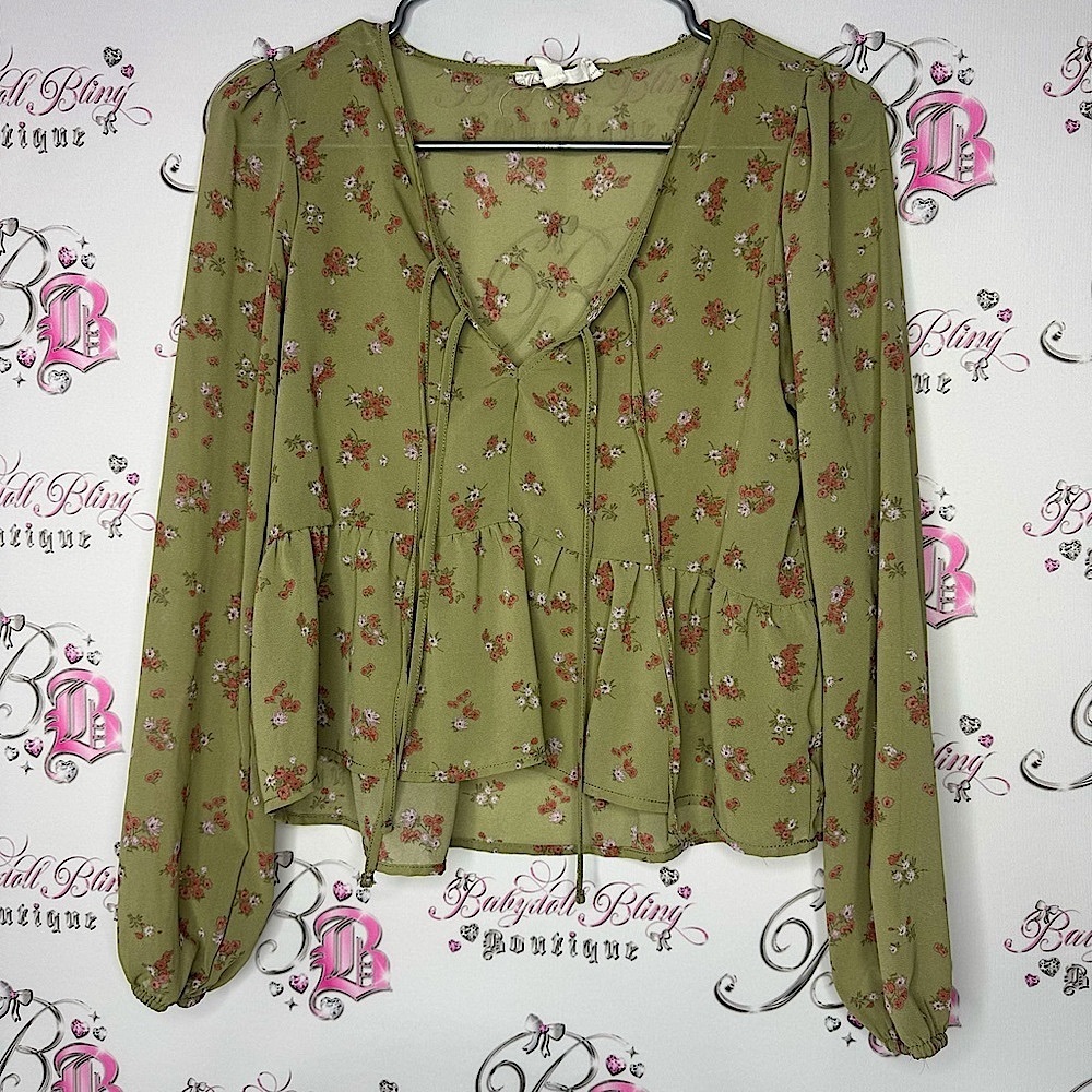 Wild skye top blouse bubble sleeve floral olive green tie up ribbon 🎀 front
